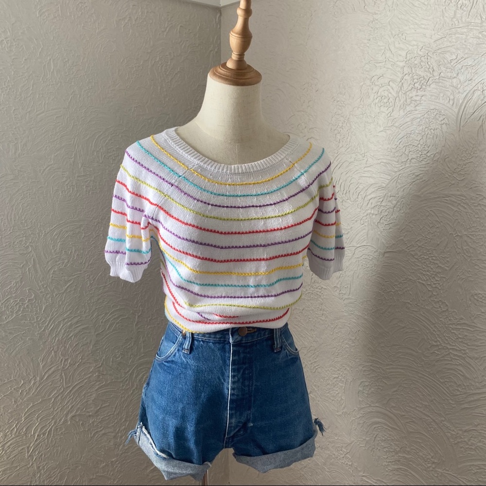 Vintage • 80s Rainbow Stripe Short Sleeve Sweater • Petite Med/Women's Small